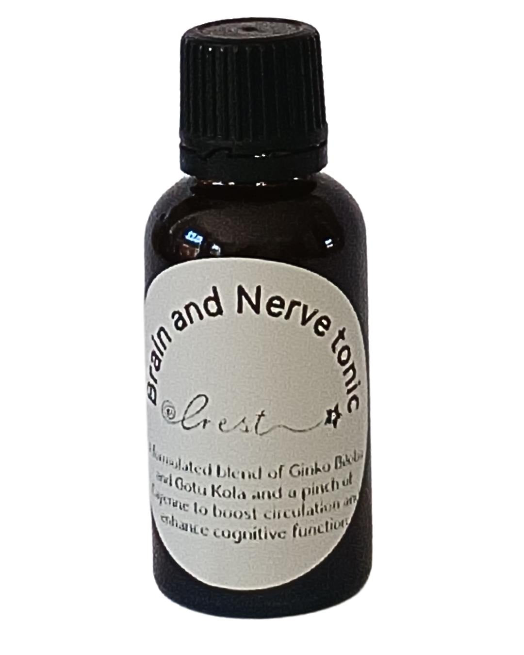 Crest Clarity & Nerve Extract handcrafted botanical tincture featuring Gotu Kola, Ginkgo Biloba and Cayenne in an amber glass dropper bottle for traditional herbal wellness.