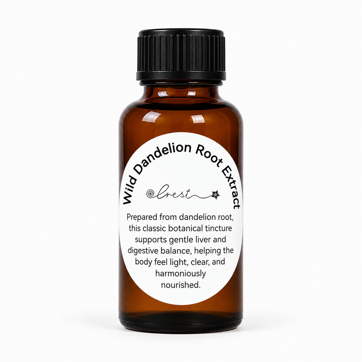 Crest Wild Dandelion Root Extract handcrafted botanical tincture made from Taraxacum officinale root in an amber glass dropper bottle for traditional herbal wellness.