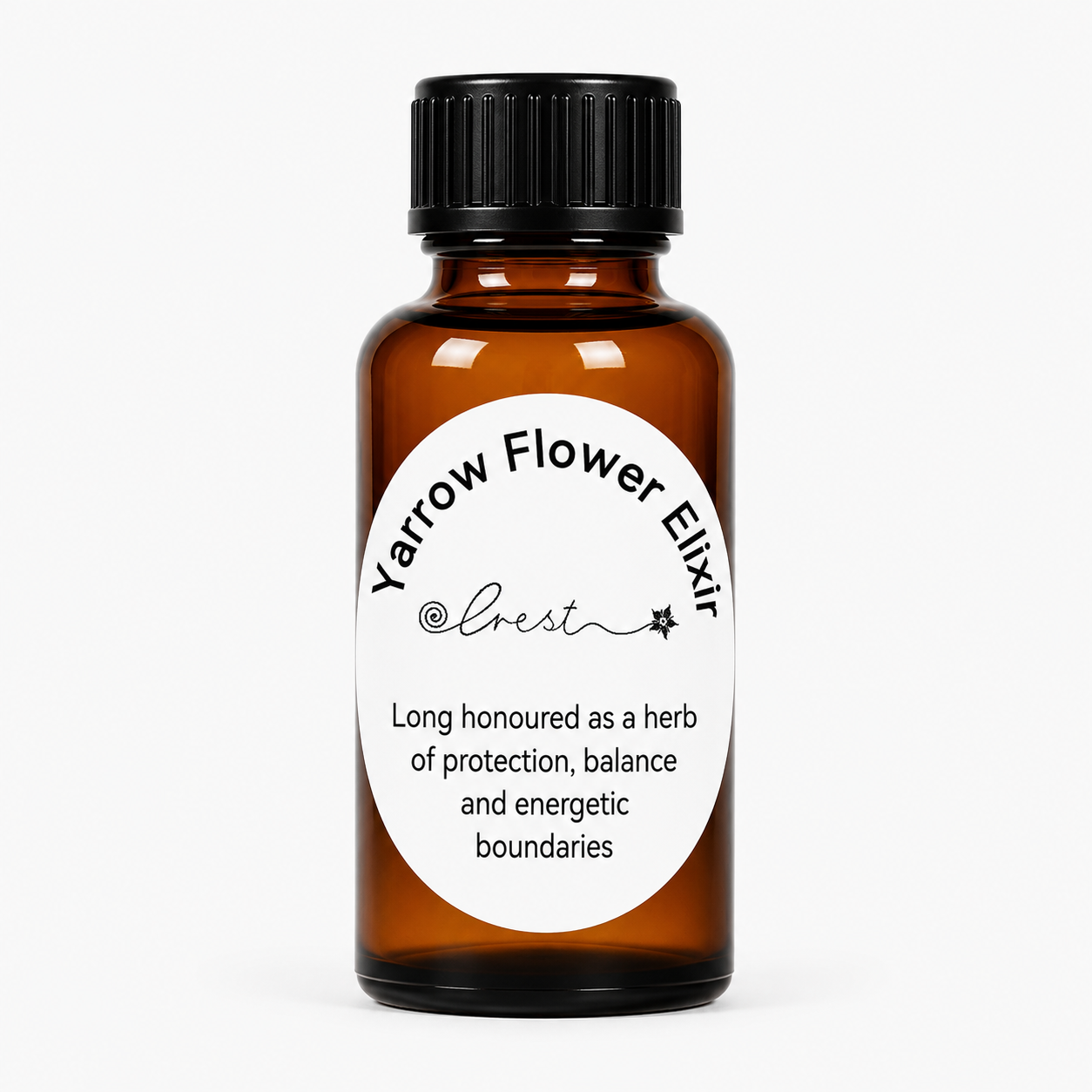 Crest Yarrow Flower Elixir handcrafted botanical tincture made from Achillea millefolium flowers in an amber glass dropper bottle for traditional herbal wellness.