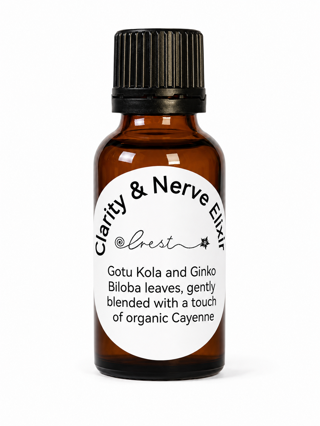 Clarity & Nerve Elixir herbal tincture by Crest in an amber glass bottle, featuring Gotu Kola, Ginkgo Biloba and organic Cayenne to support mental clarity, focus and healthy nervous system function.