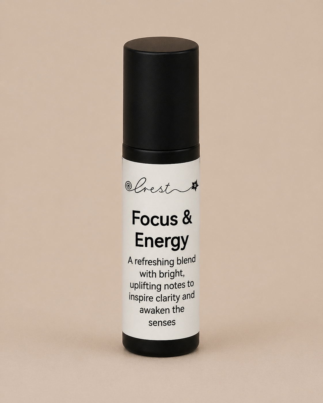 Black stainless steel roll-on applicator with Focus & Energy essential oil blend to enhance clarity, alertness and mental focus
