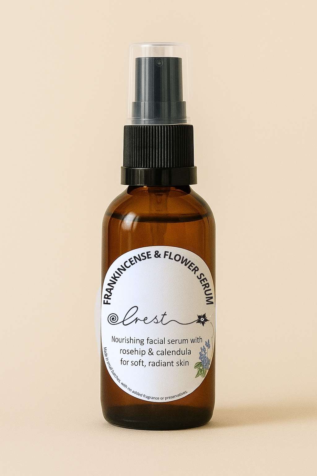 Crest Frankincense & Flower Serum in amber glass pump bottle – nourishing rosehip and calendula facial oil with frankincense for soft, glowing skin.