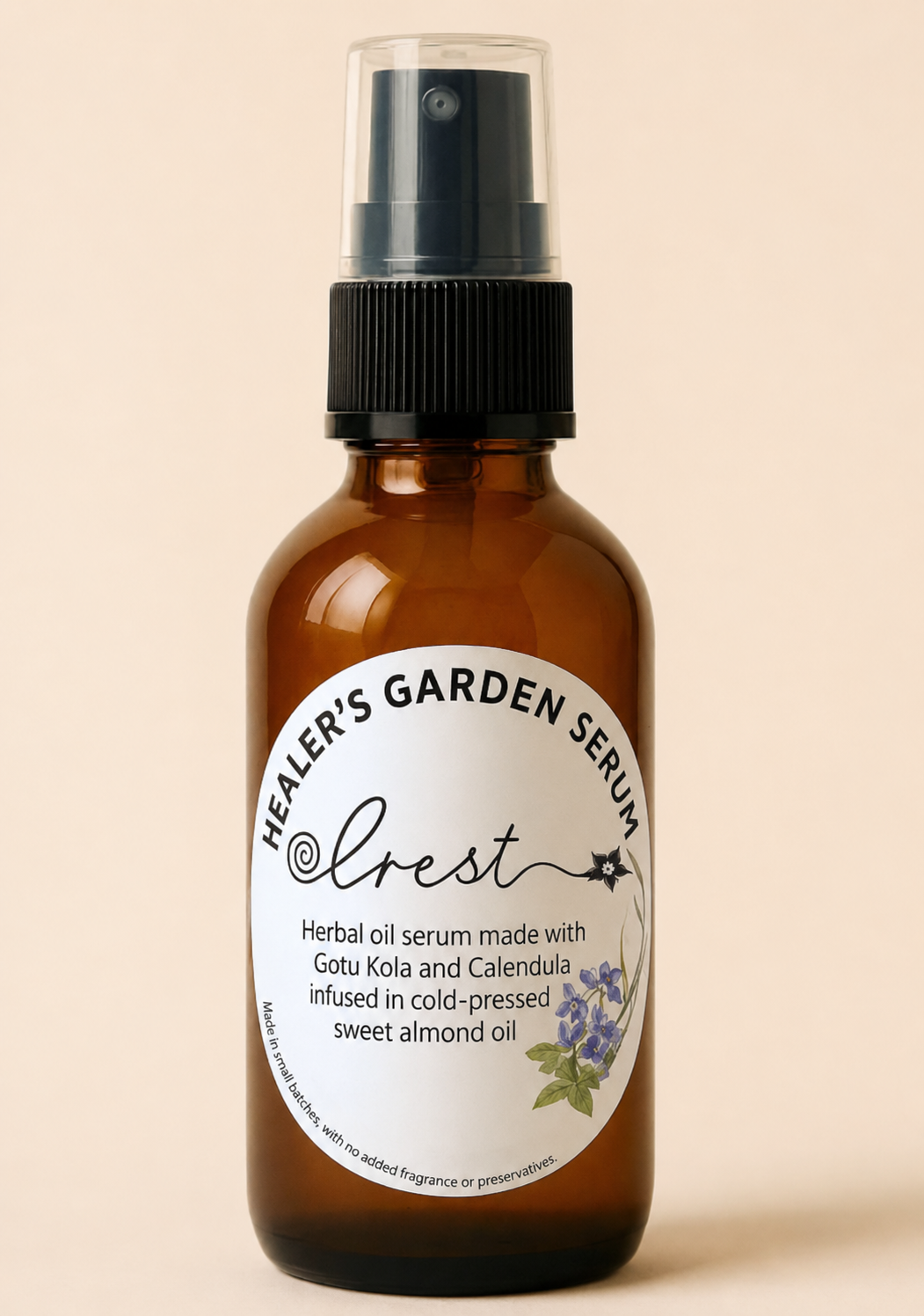 Crest Healer's Garden Serum featuring Gotu Kola and Calendula herbal infusion in cold-pressed sweet almond oil presented in an amber glass spray bottle