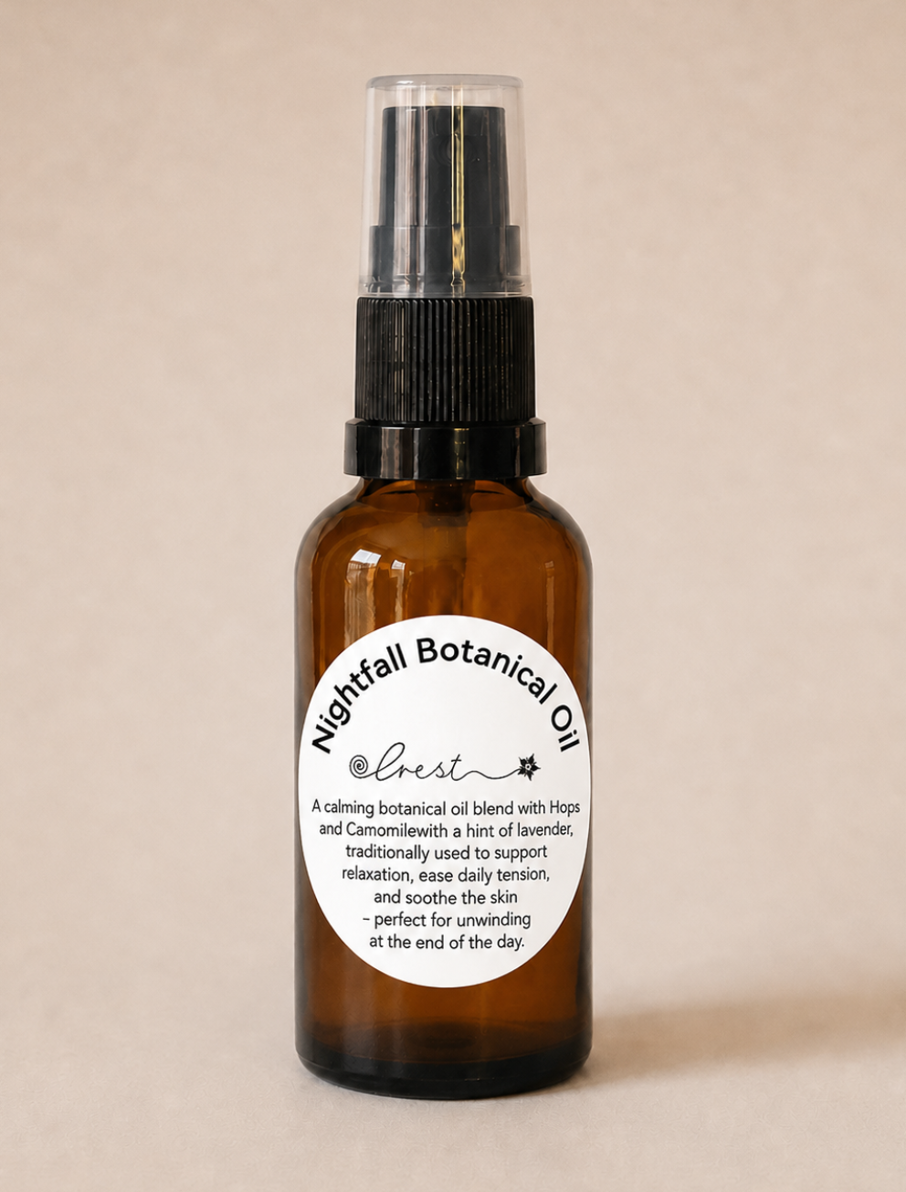 Nightfall Botanical Oil handcrafted with chamomile, hops and lavender in sweet almond oil for evening massage, relaxation and botanical wellness by Crest.