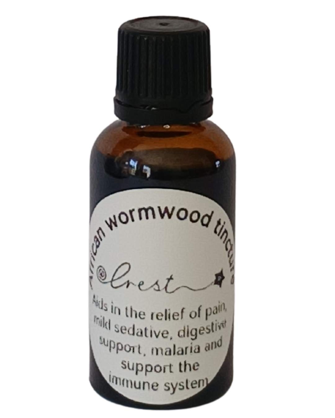 Crest African Wormwood Extract handcrafted botanical tincture made from Artemisia afra leaves and flowering tops in an amber glass dropper bottle for traditional herbal wellness.