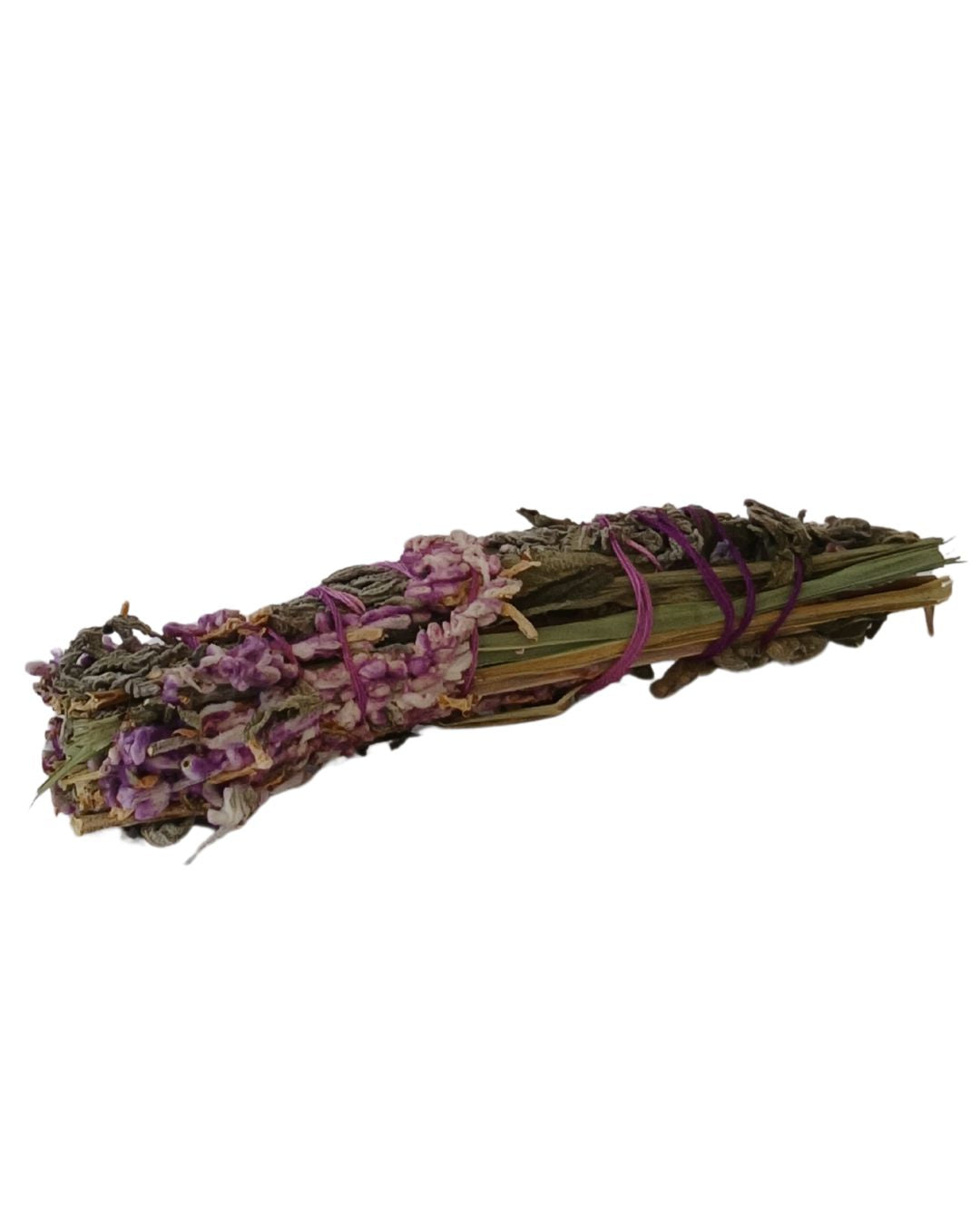 Handcrafted aromatic botanical bundle featuring dried lavender, lemongrass, and wild herbs, tied with purple twine and displayed on a white background for spiritual or decorative use