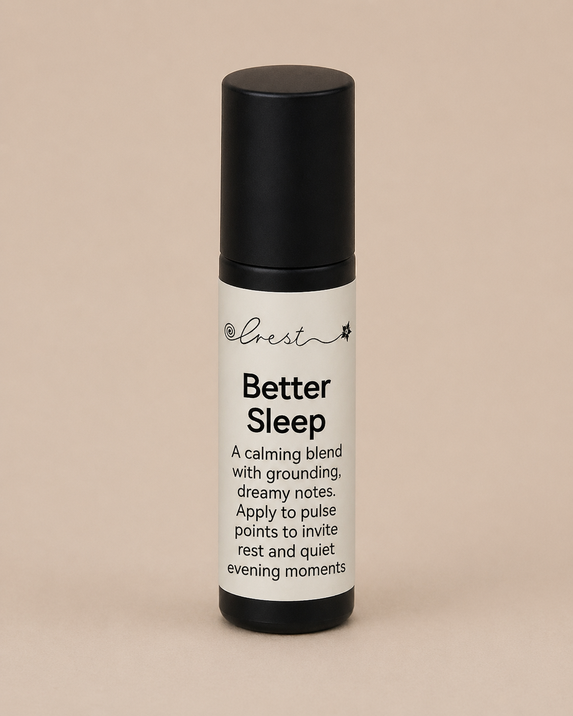 Black stainless steel roll-on applicator with Better Sleep calming essential oil blend to support rest, relaxation and evening rituals