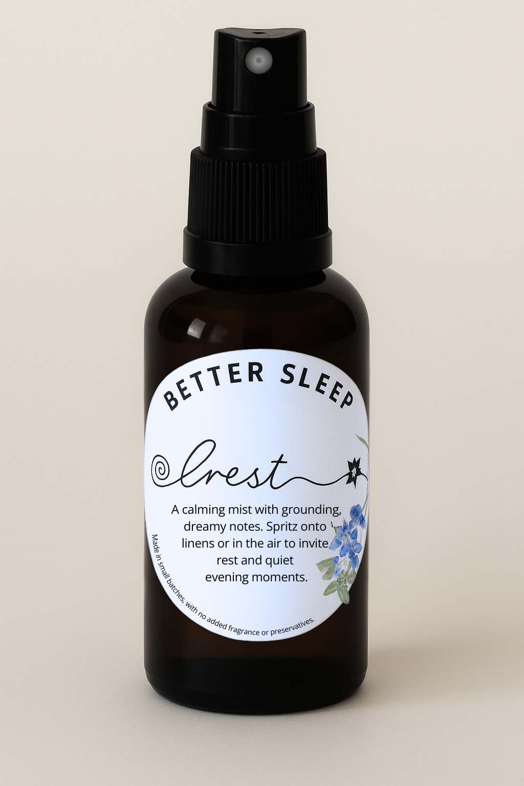 Amber glass spray bottle of Crest Better Sleep Spritz with botanical label – calming natural mist to support restful sleep and relaxation.