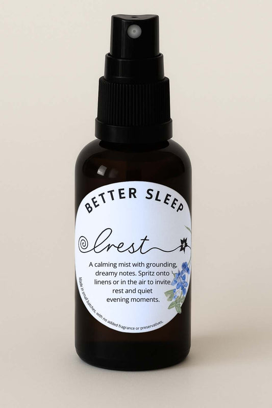 Amber glass spray bottle of Crest Better Sleep Spritz with botanical label – calming natural mist to support restful sleep and relaxation.