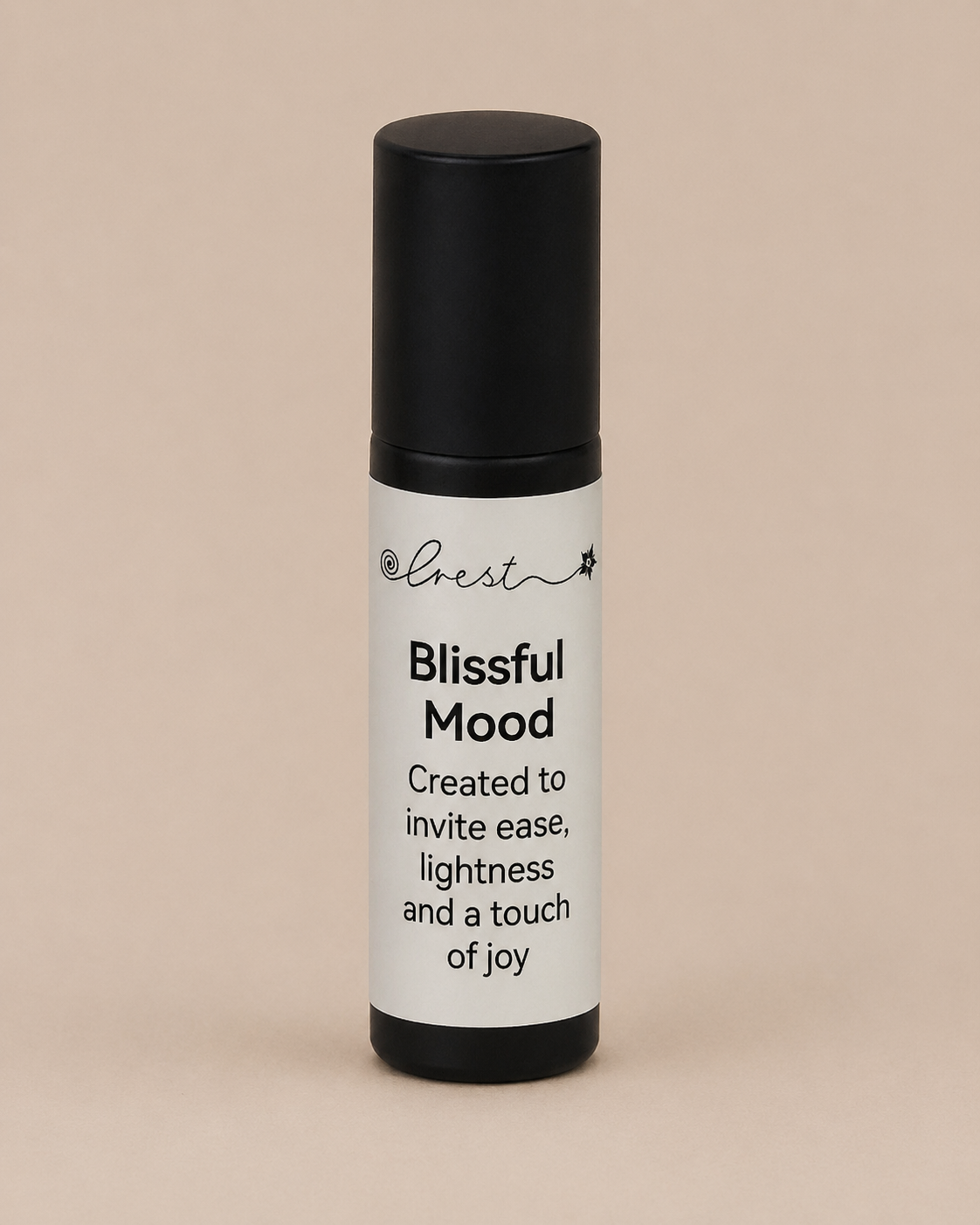 Black stainless steel roll-on applicator with Blissful Mood essential oil blend to support ease, lightness and emotional wellbeing