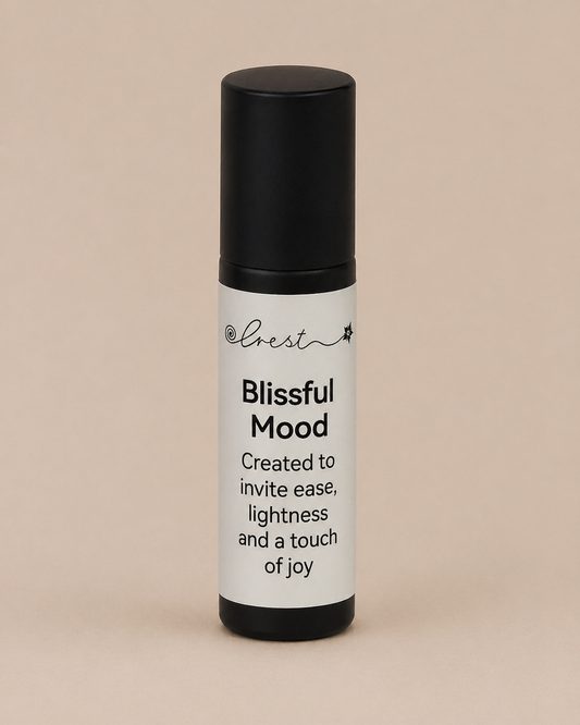 Black stainless steel roll-on applicator with Blissful Mood essential oil blend to support ease, lightness and emotional wellbeing