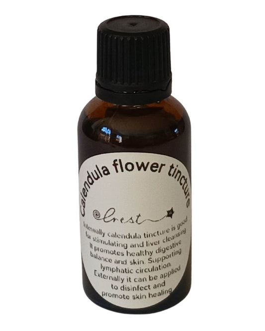 Crest Calendula Flower Extract handcrafted botanical tincture made from Calendula officinalis flowers in an amber glass dropper bottle for traditional herbal wellness.