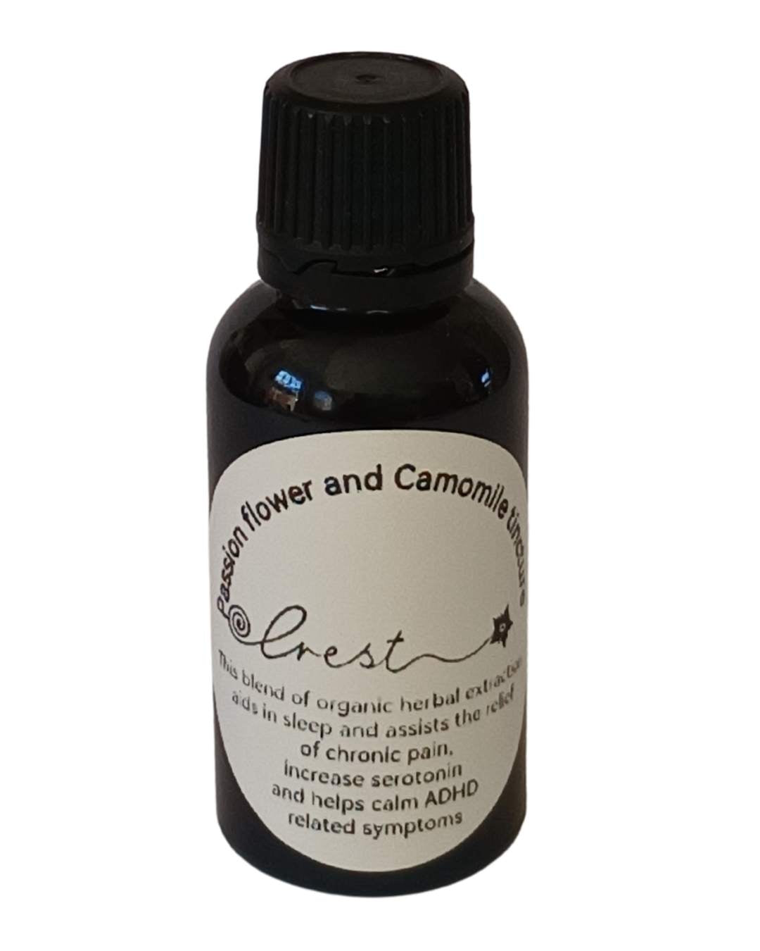 Crest Passionflower & Camomile Extract handcrafted botanical tincture made from Passiflora incarnata and Matricaria chamomilla in an amber glass dropper bottle for traditional herbal wellness.