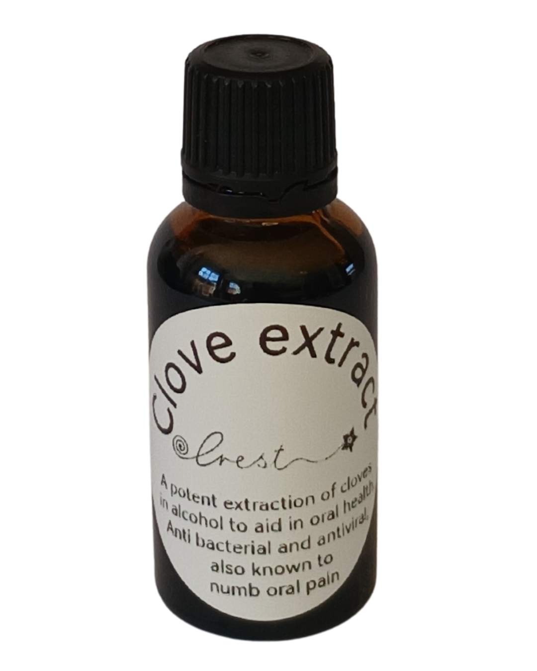 Crest Clove Extract handcrafted botanical tincture made from Syzygium aromaticum flower buds in an amber glass dropper bottle for traditional botanical oral care.