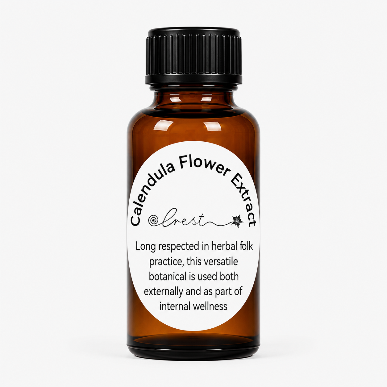 Crest Calendula Flower Extract handcrafted botanical tincture made from Calendula officinalis flowers in an amber glass dropper bottle for traditional herbal wellness.