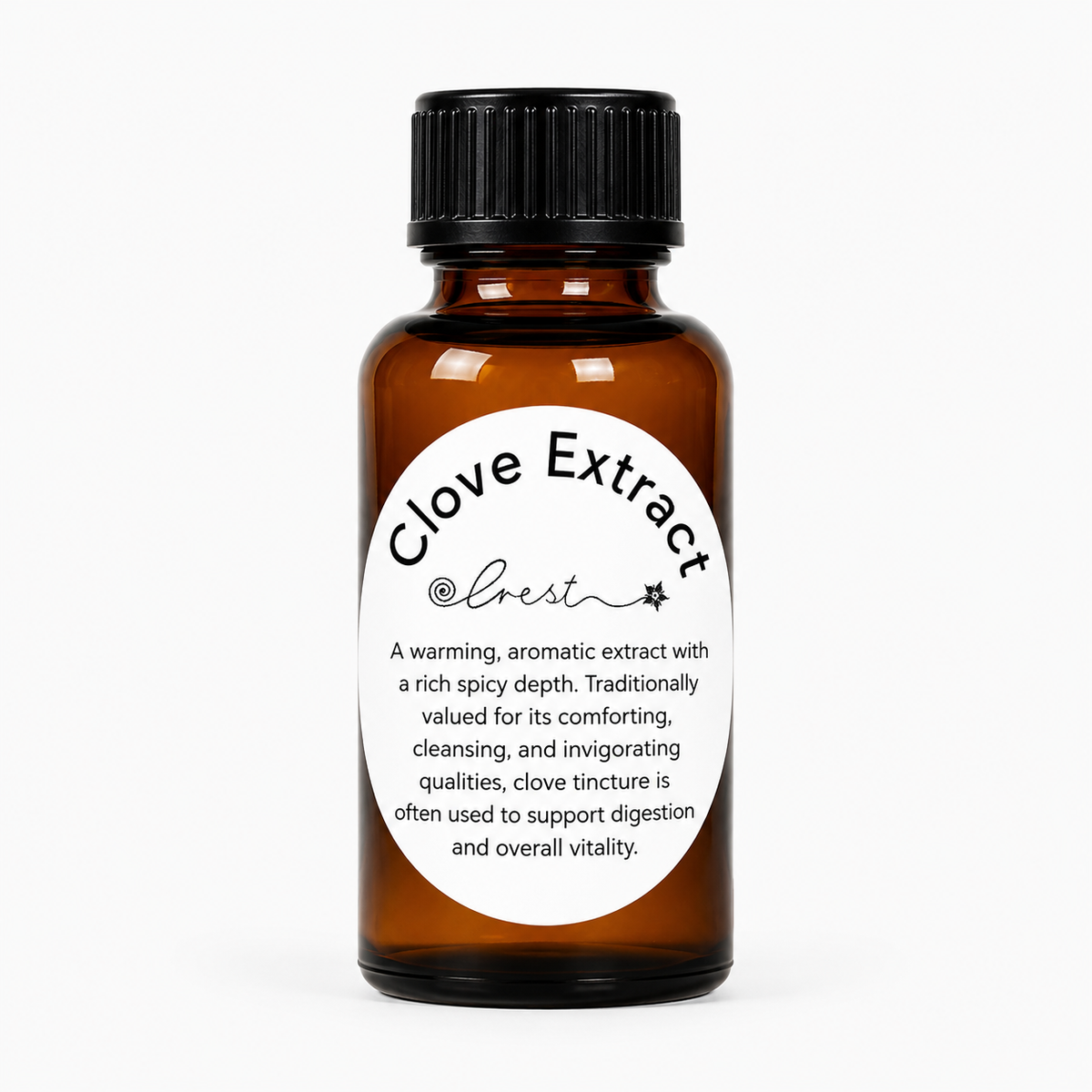 Crest Clove Extract handcrafted botanical tincture made from Syzygium aromaticum flower buds in an amber glass dropper bottle for traditional botanical oral care.