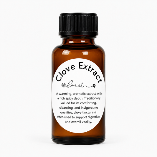 Crest Clove Extract handcrafted botanical tincture made from Syzygium aromaticum flower buds in an amber glass dropper bottle for traditional botanical oral care.