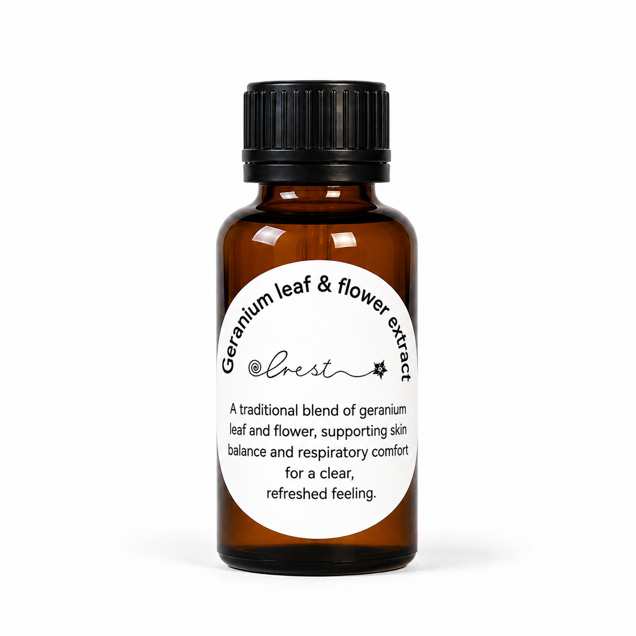 Crest Geranium Leaf & Flower Extract handcrafted botanical tincture prepared from Pelargonium leaves and flowers in an amber glass dropper bottle.