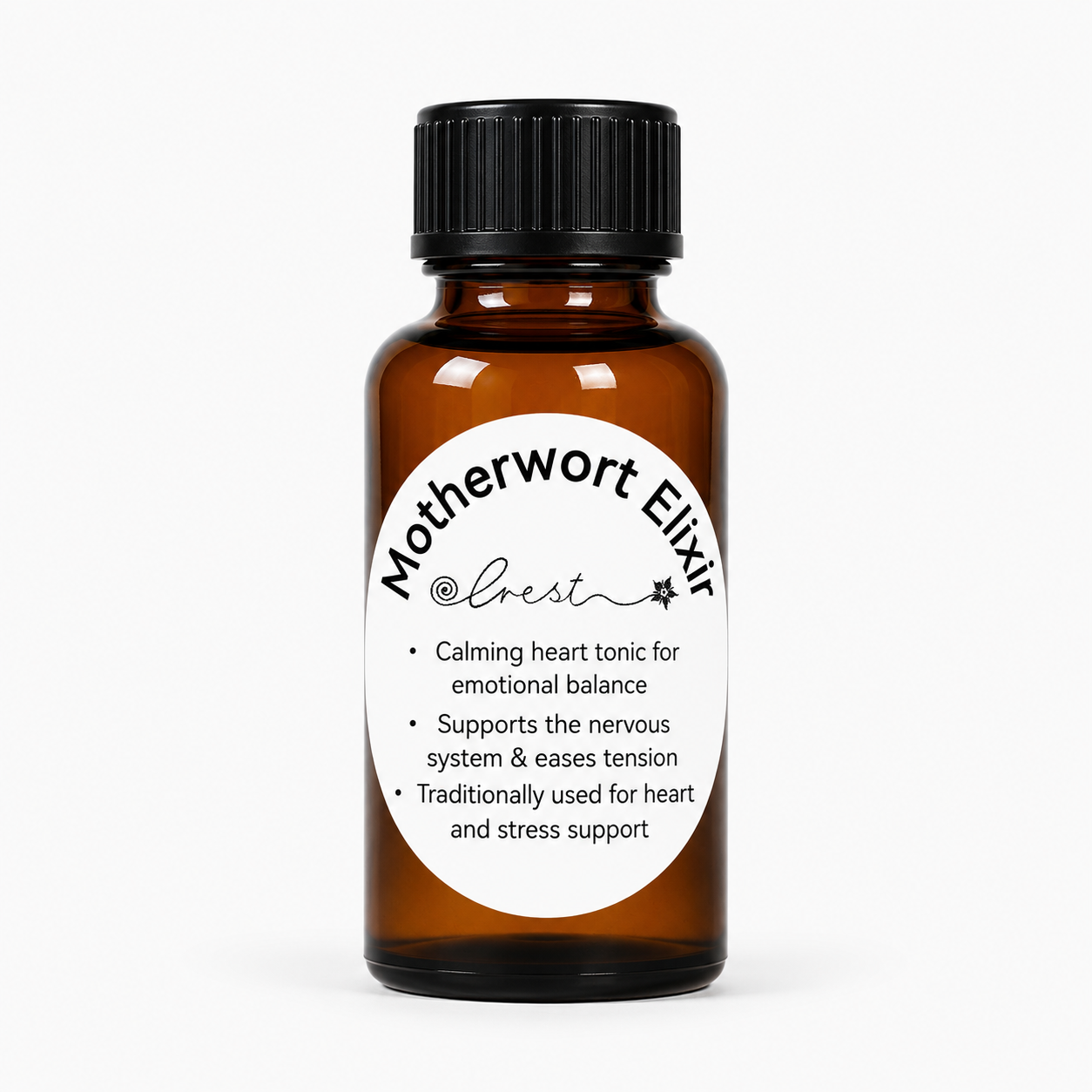 Crest Motherwort Elixir handcrafted botanical tincture made from Leonurus cardiaca flowering tops in an amber glass dropper bottle for traditional herbal wellness.