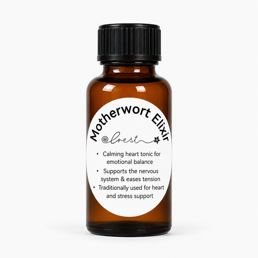 Crest Motherwort Elixir handcrafted botanical tincture made from Leonurus cardiaca flowering tops in an amber glass dropper bottle for traditional herbal wellness.