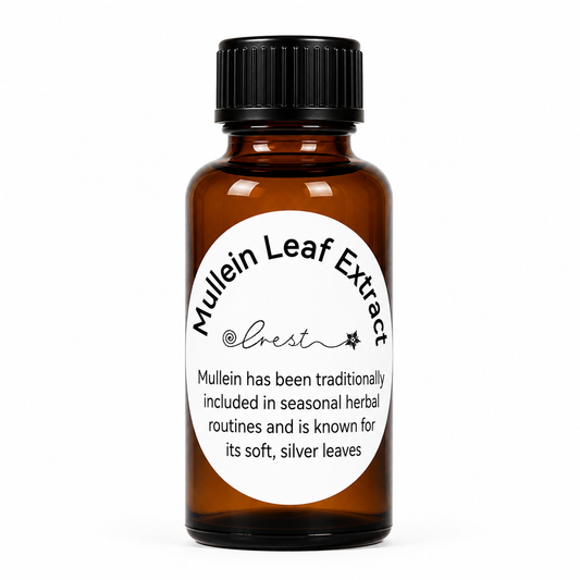 Crest Mullein Leaf Extract handcrafted botanical tincture made from Verbascum thapsus leaves in an amber glass dropper bottle for traditional herbal wellness.
