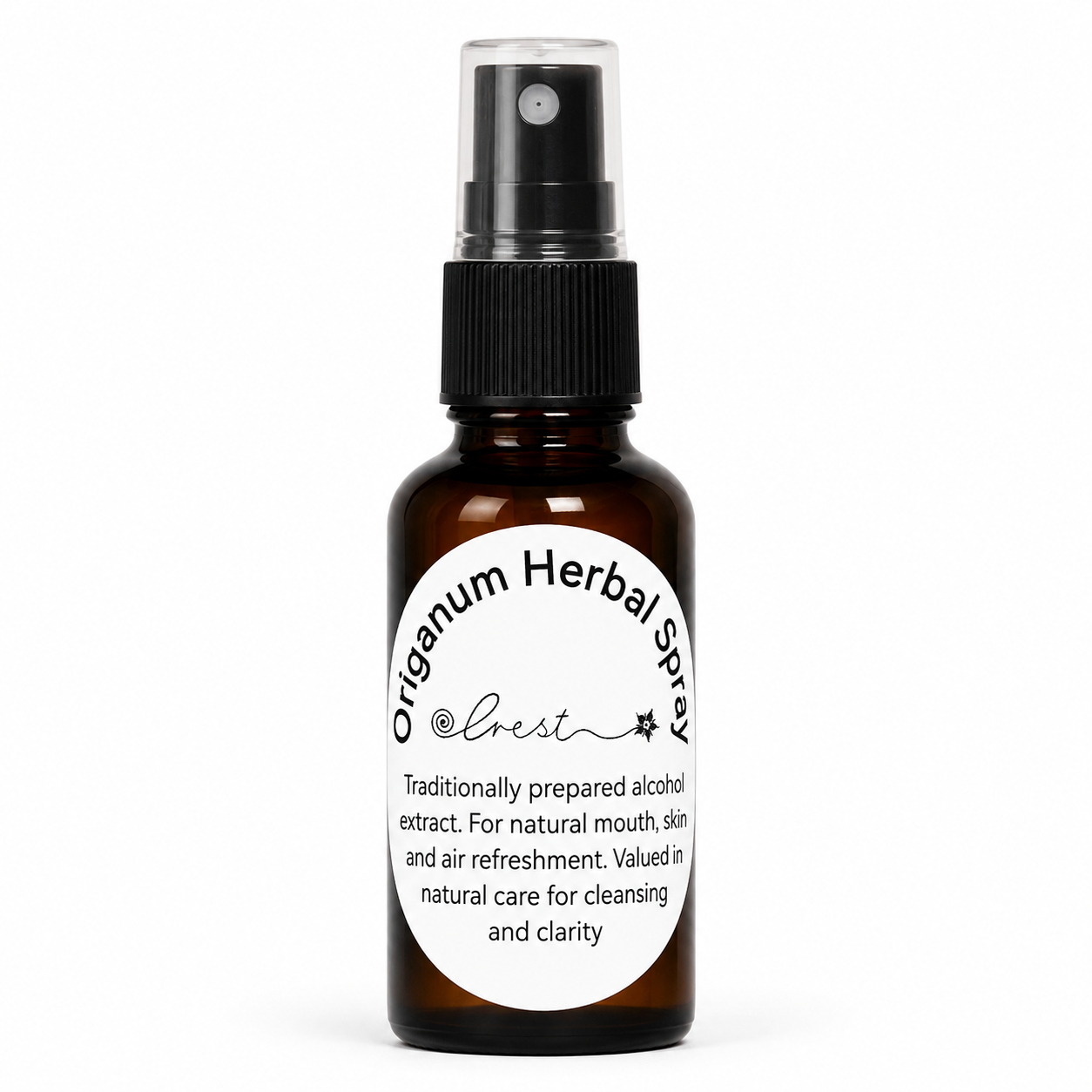 Crest Origanum Herbal Spray handcrafted botanical extract made from Origanum vulgare (Wild Oregano) in an amber glass spray bottle for traditional herbal wellness.