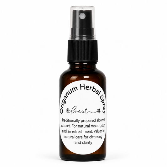 Crest Origanum Herbal Spray handcrafted botanical extract made from Origanum vulgare (Wild Oregano) in an amber glass spray bottle for traditional herbal wellness.