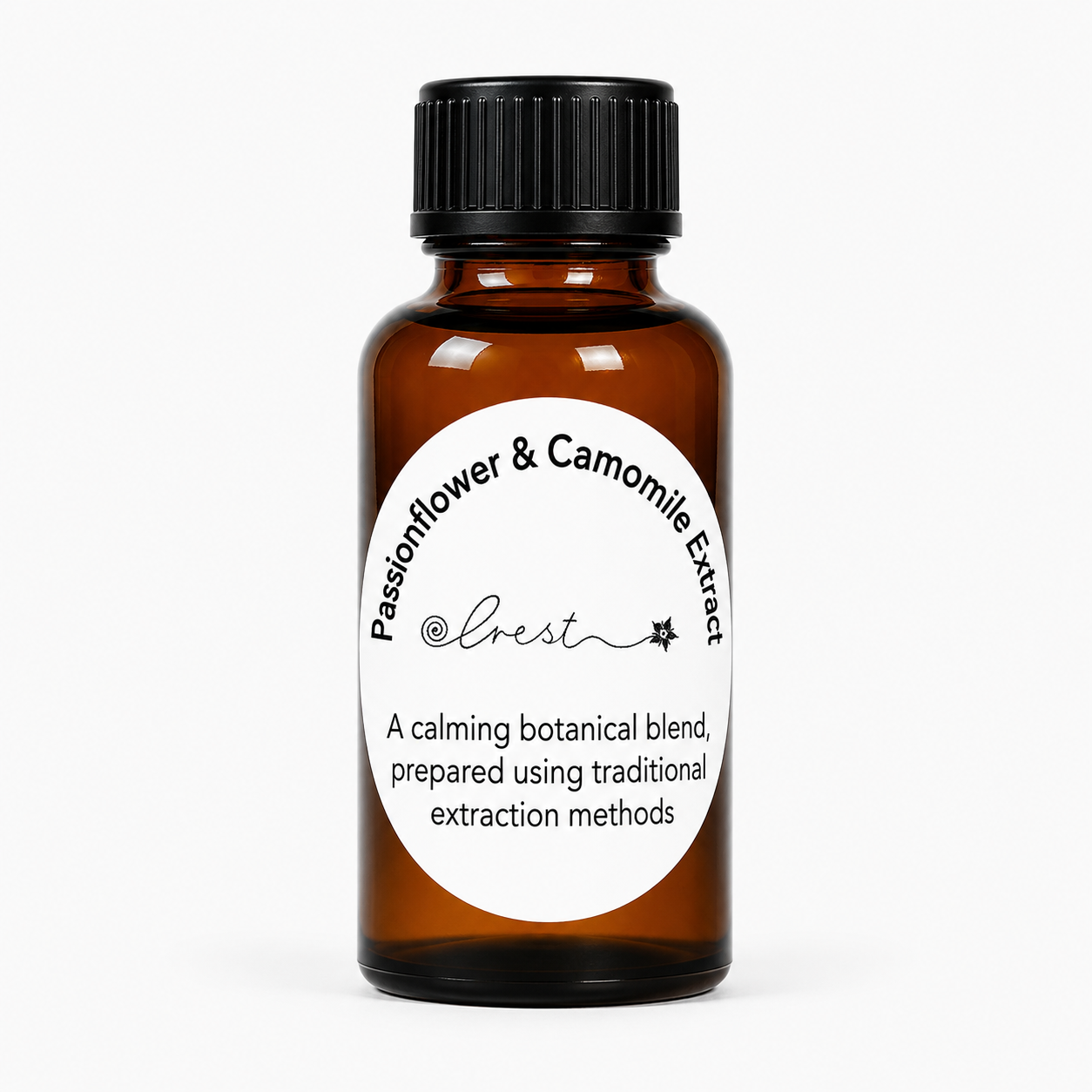 Crest Passionflower & Camomile Extract handcrafted botanical tincture made from Passiflora incarnata and Matricaria chamomilla in an amber glass dropper bottle for traditional herbal wellness.