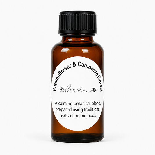 Crest Passionflower & Camomile Extract handcrafted botanical tincture made from Passiflora incarnata and Matricaria chamomilla in an amber glass dropper bottle for traditional herbal wellness.