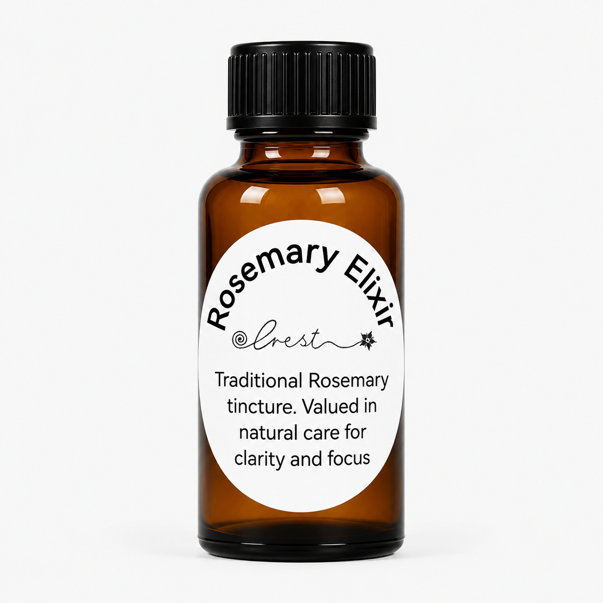 Crest Rosemary Elixir traditional herbal tincture handcrafted in South Africa from Rosemary (Salvia rosmarinus) using a traditional alcohol and water extraction in a 30ml amber glass dropper bottle.