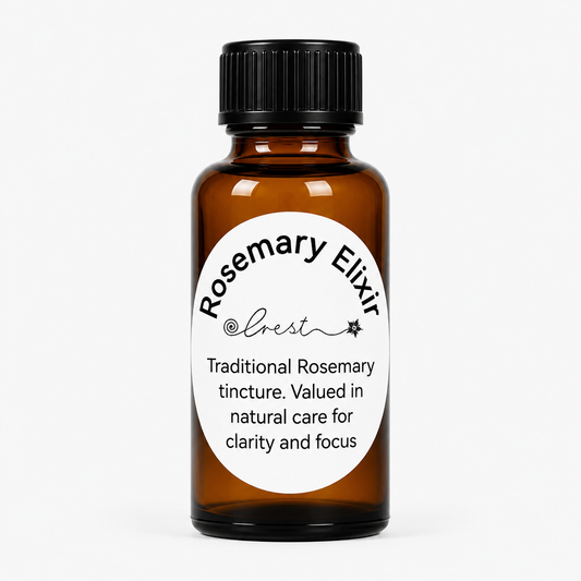Crest Rosemary Elixir traditional herbal tincture handcrafted in South Africa from Rosemary (Salvia rosmarinus) using a traditional alcohol and water extraction in a 30ml amber glass dropper bottle.