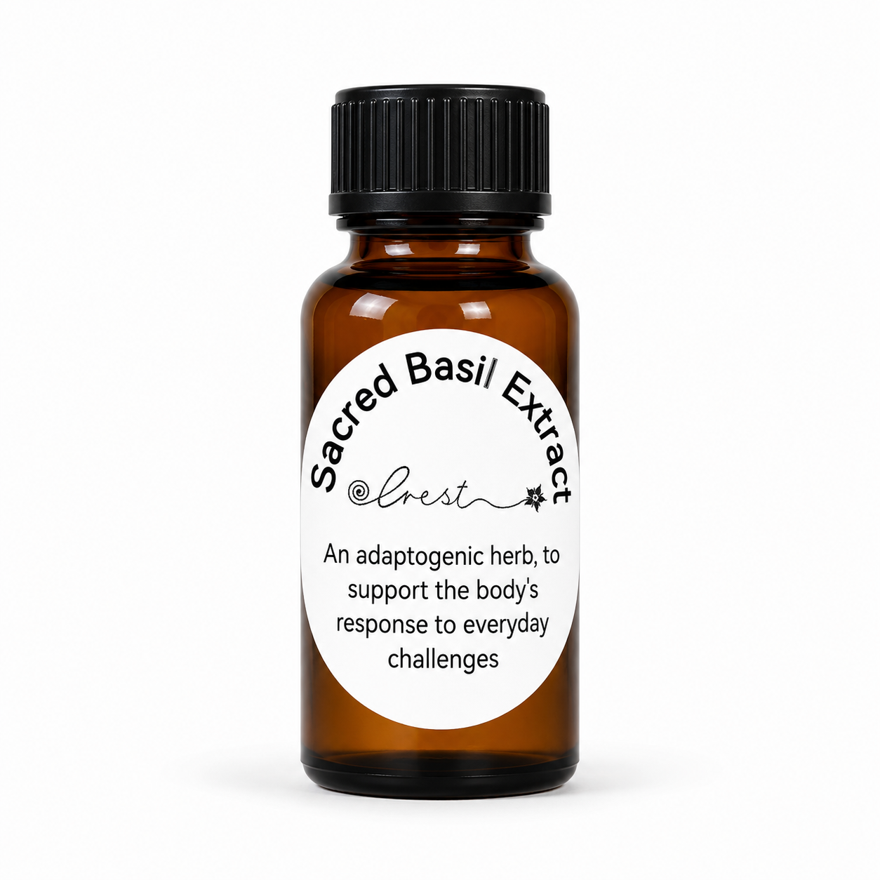 Crest Sacred Basil Extract handcrafted botanical tincture made from Ocimum tenuiflorum (Tulsi or Holy Basil) in an amber glass dropper bottle for traditional herbal wellness.