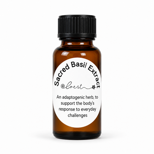 Crest Sacred Basil Extract handcrafted botanical tincture made from Ocimum tenuiflorum (Tulsi or Holy Basil) in an amber glass dropper bottle for traditional herbal wellness.