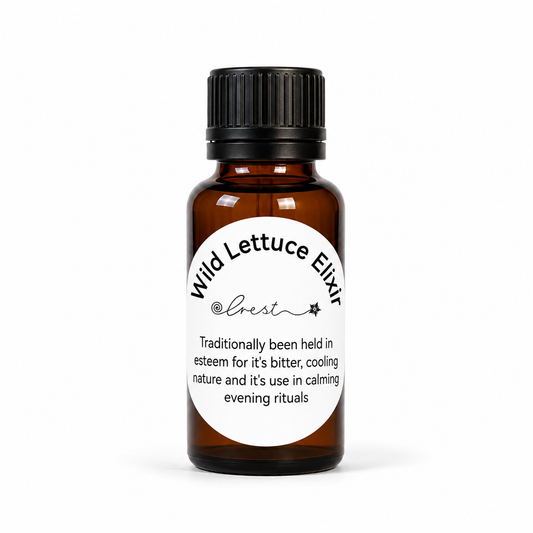 Crest Wild Lettuce Elixir handcrafted botanical tincture made from Lactuca serriola (Wild Lettuce) in an amber glass dropper bottle for traditional herbal wellness.