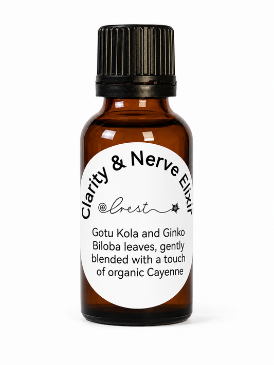 Clarity & Nerve Elixir herbal tincture by Crest in an amber glass bottle, featuring Gotu Kola, Ginkgo Biloba and organic Cayenne to support mental clarity, focus and healthy nervous system function.