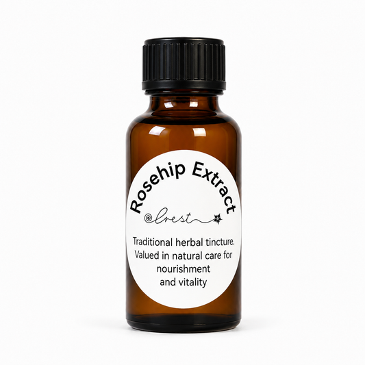 Rosehip Extract herbal tincture by Crest in an amber glass dropper bottle, traditionally valued in herbal practice to support nourishment, vitality and overall wellbeing.