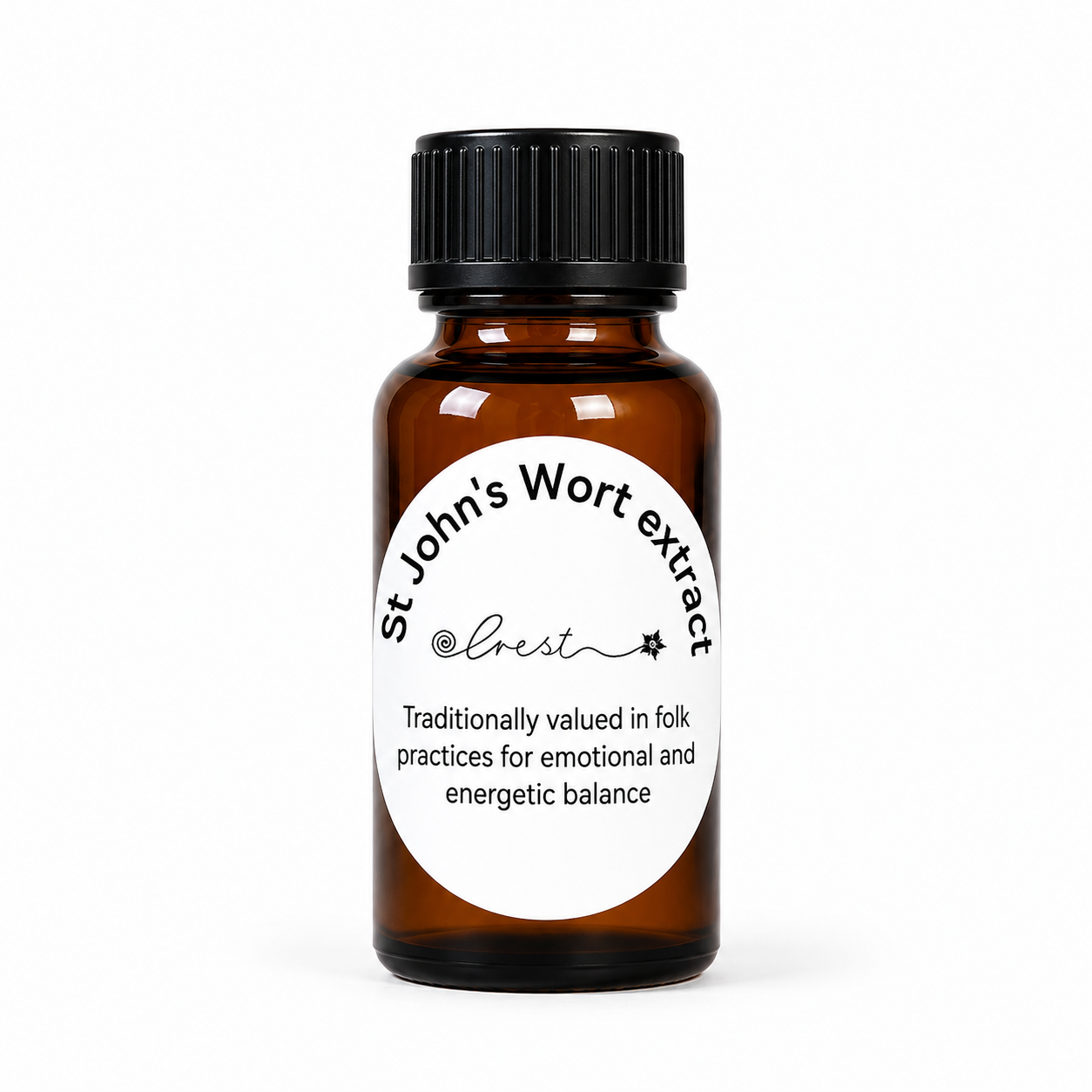 St John's Wort Extract herbal tincture by Crest in an amber glass dropper bottle, traditionally used in Western herbal practice to support emotional wellbeing and energetic balance.