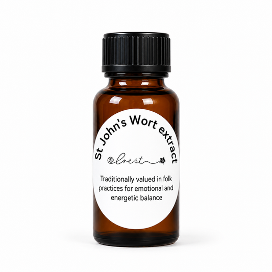 St John's Wort Extract herbal tincture by Crest in an amber glass dropper bottle, traditionally used in Western herbal practice to support emotional wellbeing and energetic balance.