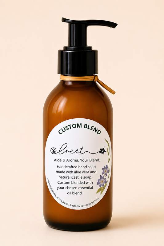 Custom Blend Hand Soap in refillable amber glass pump bottle with personalised essential oil blend, aloe vera and Castile soap by Crest