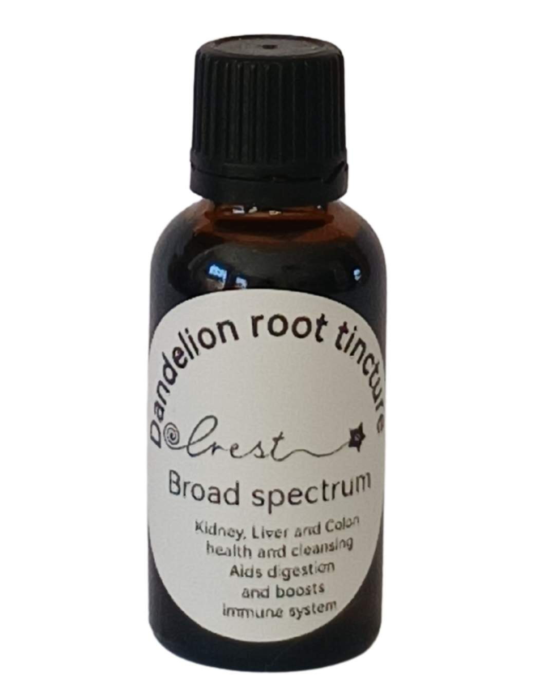 Crest Wild Dandelion Root Extract handcrafted botanical tincture made from Taraxacum officinale root in an amber glass dropper bottle for traditional herbal wellness.