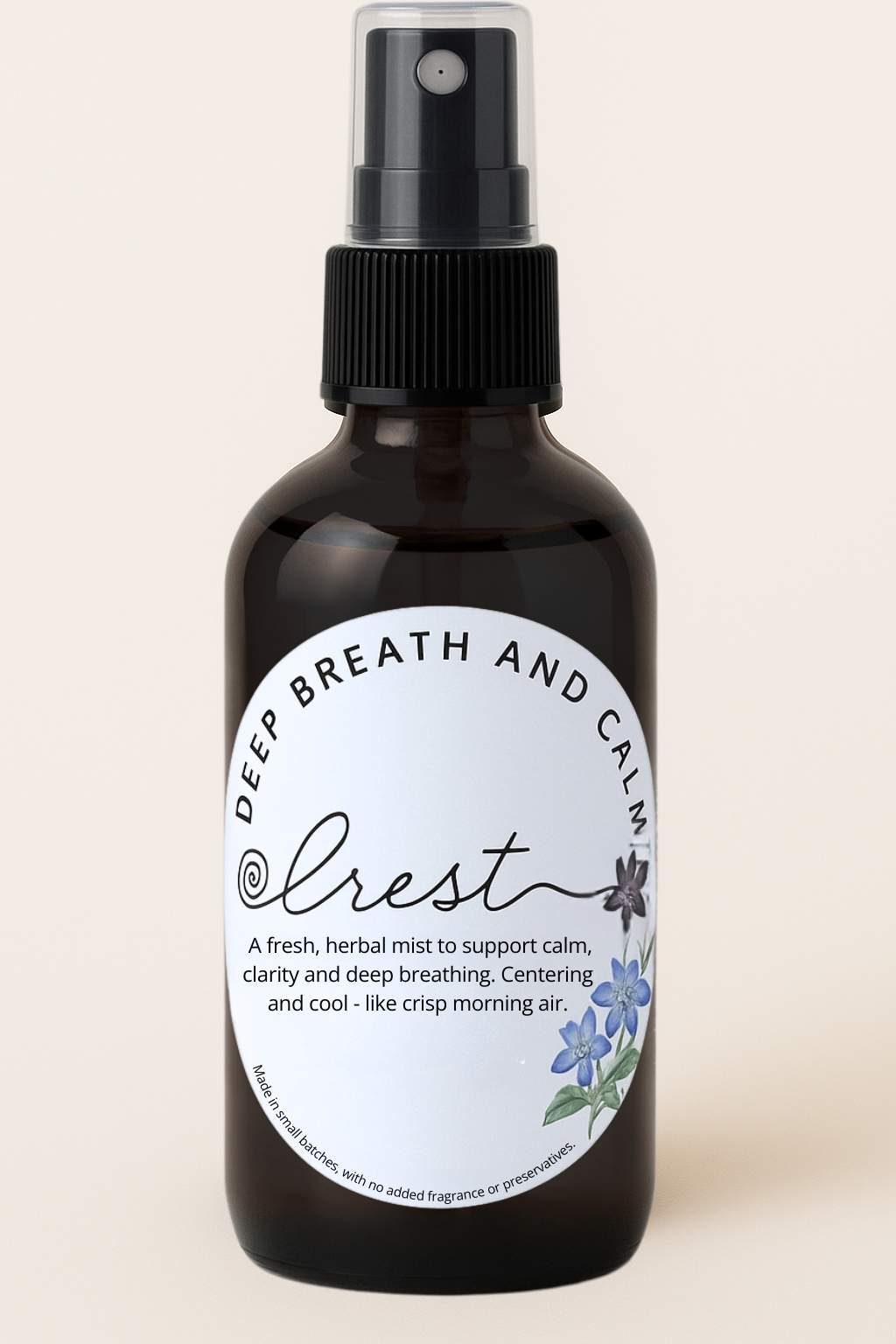 Amber glass spray bottle of Crest Deep Breath and Calm Spritz with botanical design – soothing herbal mist to ease stress and encourage calm breathing.