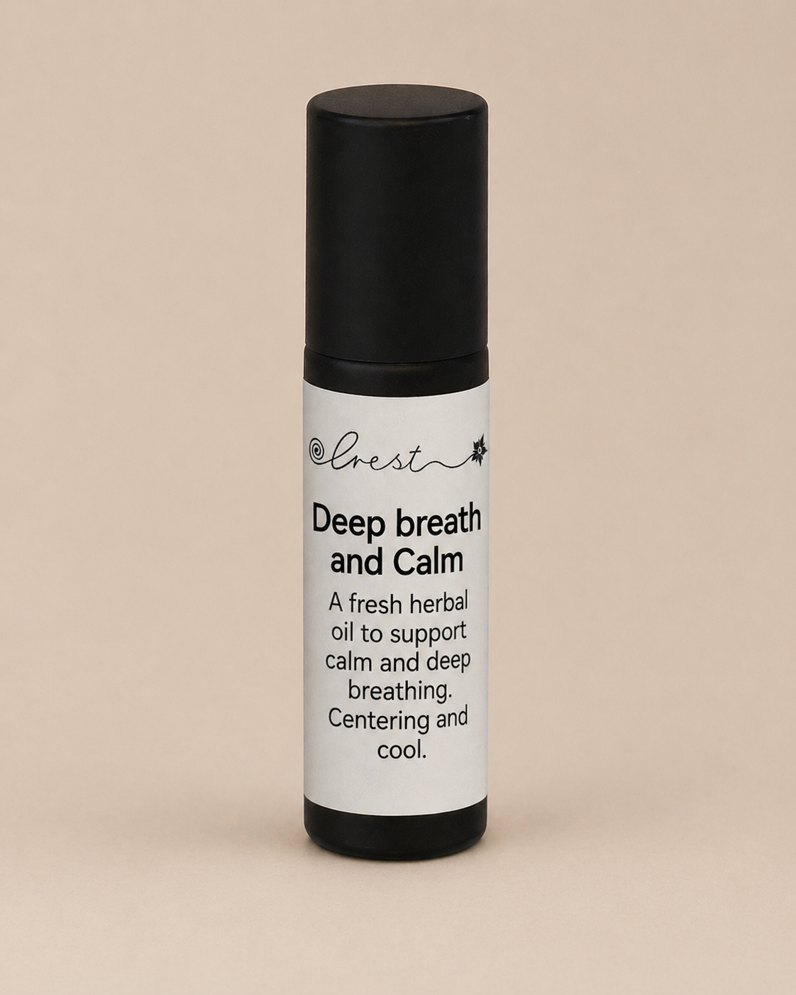 Black stainless steel roll-on applicator with Deep Breath & Calm aromatherapy essential oil blend for relaxation and mindful breathing