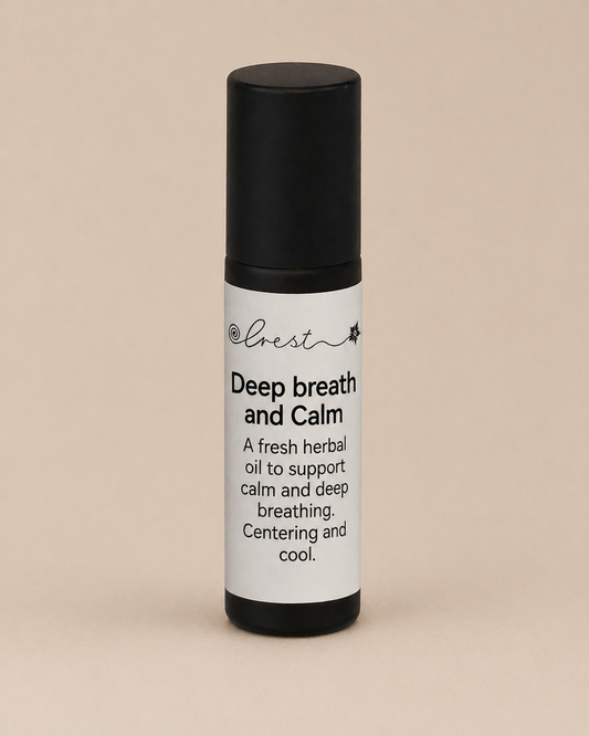 Black stainless steel roll-on applicator with Deep Breath & Calm aromatherapy essential oil blend for relaxation and mindful breathing