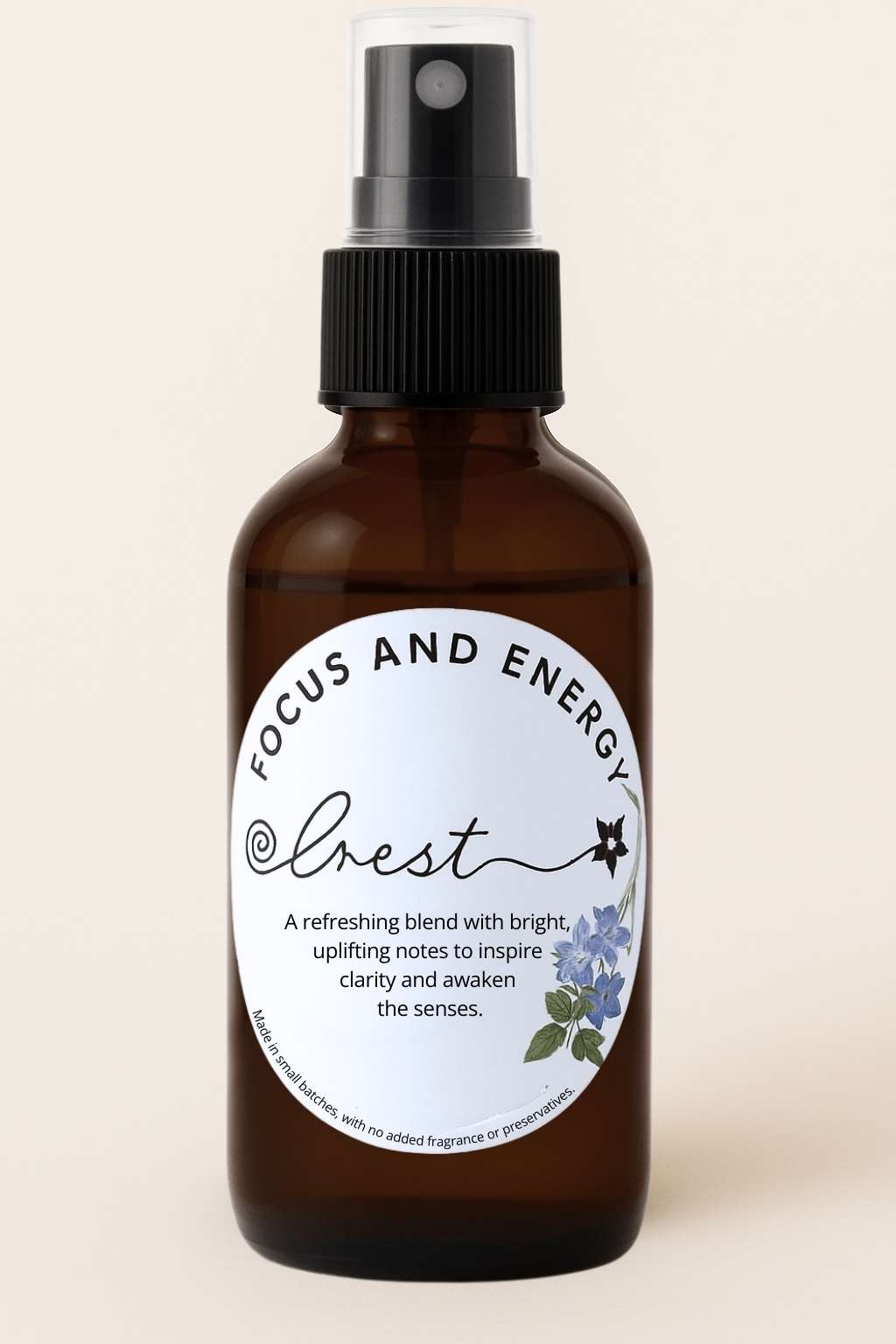 Amber glass spray bottle of Crest Focus and Energy Spritz with botanical label – refreshing natural mist to improve focus and uplift energy.