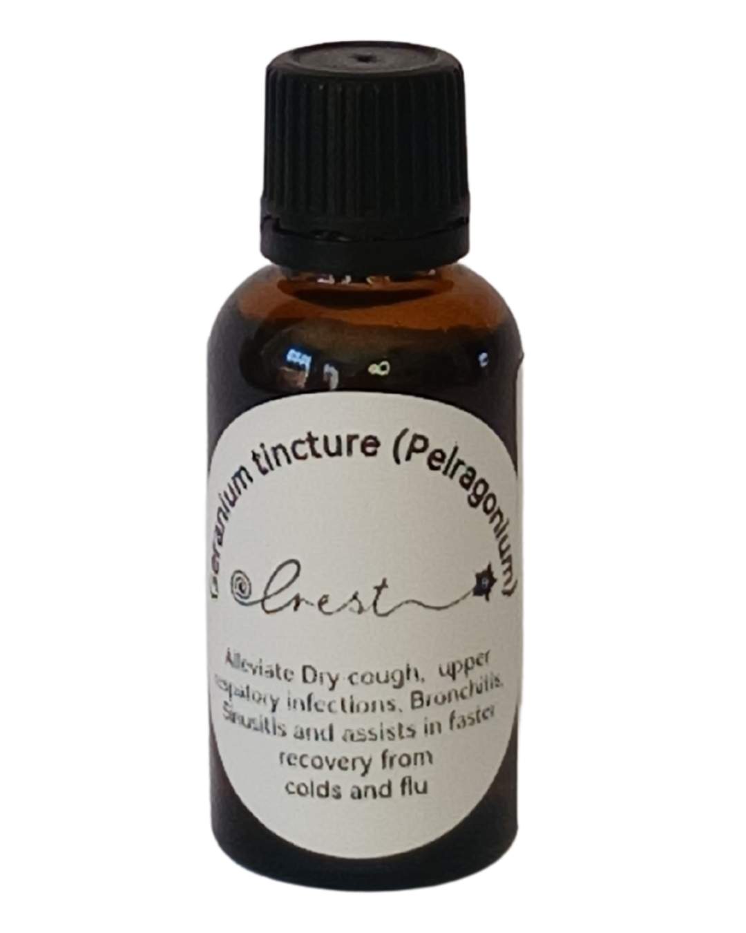 Crest Geranium Leaf & Flower Extract handcrafted botanical tincture prepared from Pelargonium leaves and flowers in an amber glass dropper bottle.