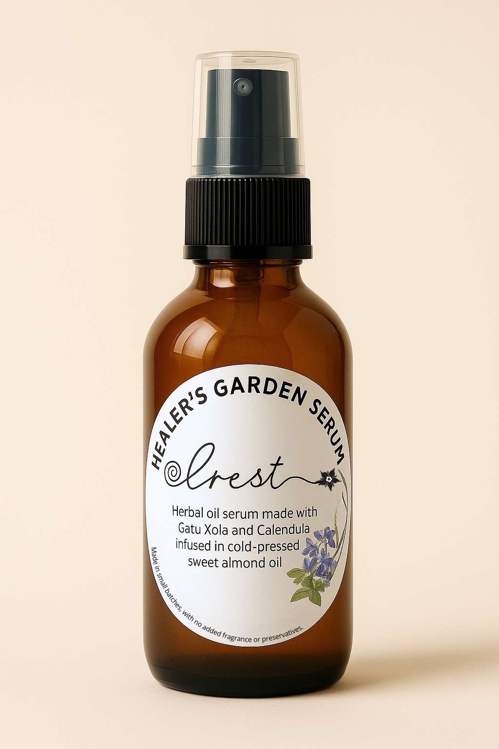 Crest Healer's Garden Serum – herbal face oil with Gotu Kola and Calendula infused in cold-pressed sweet almond oil, natural skincare made in small batches.