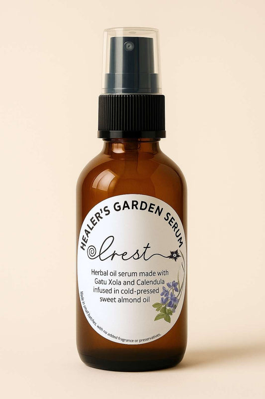 Crest Healer's Garden Serum – herbal face oil with Gotu Kola and Calendula infused in cold-pressed sweet almond oil, natural skincare made in small batches.