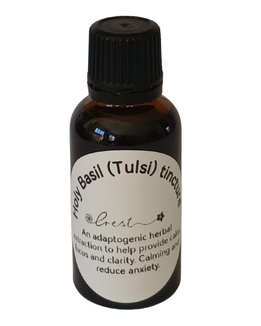 Crest Sacred Basil Extract handcrafted botanical tincture made from Ocimum tenuiflorum (Tulsi or Holy Basil) in an amber glass dropper bottle for traditional herbal wellness.