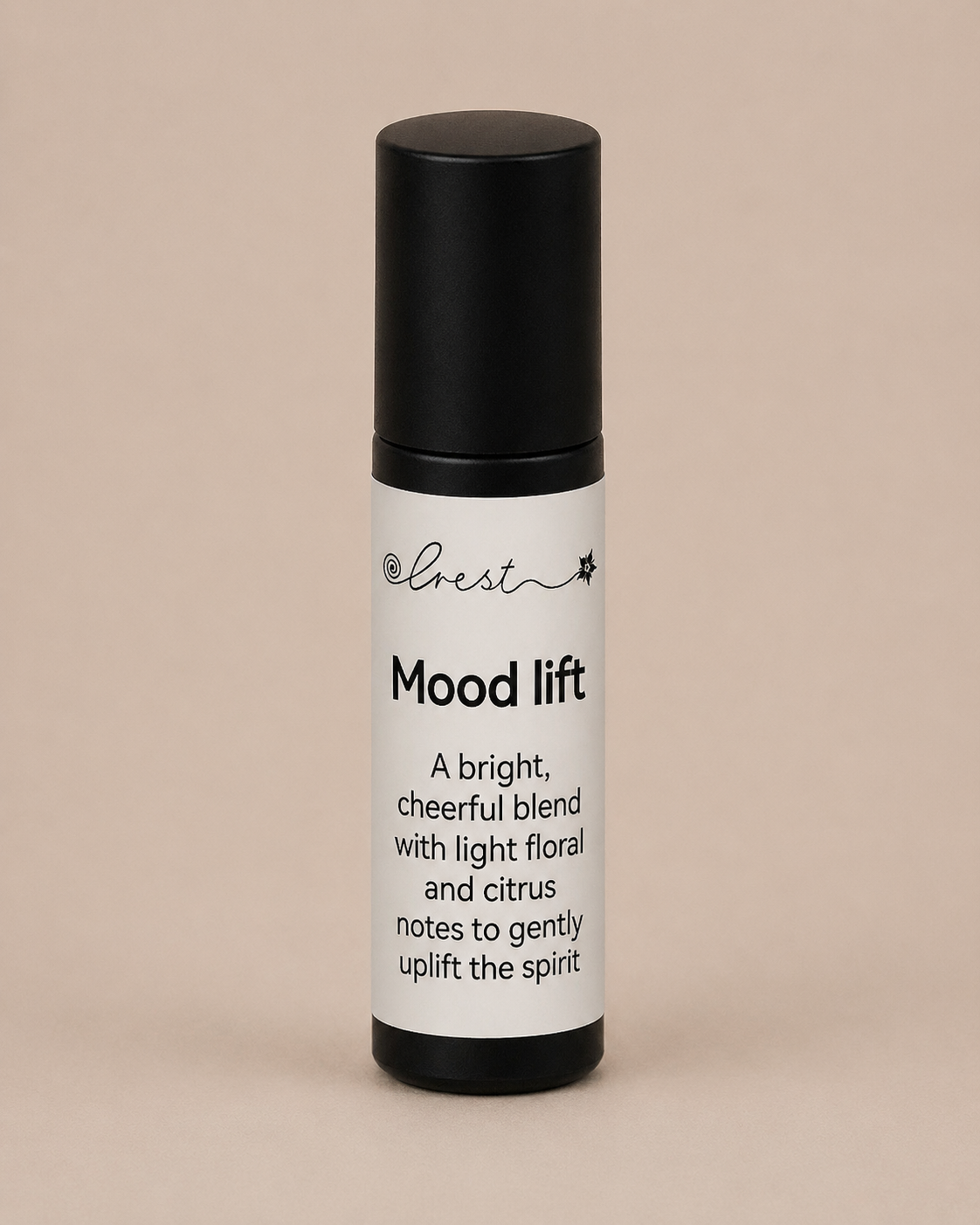 Black stainless steel roll-on applicator with Mood Lift essential oil blend to uplift mood with bright citrus and floral notes