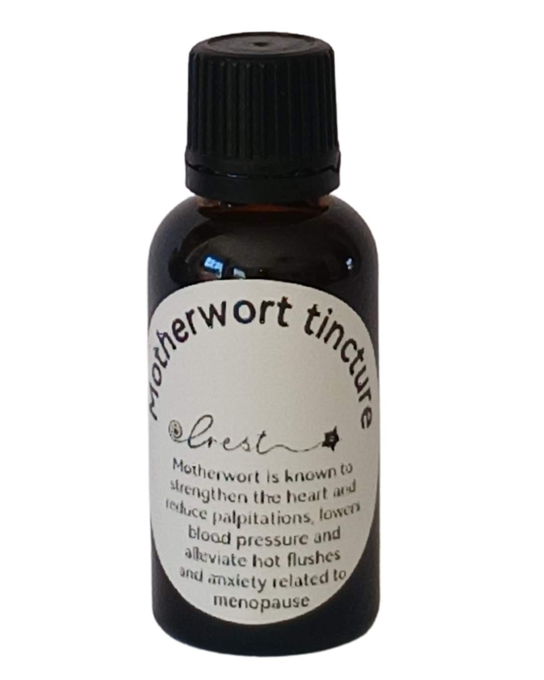 Crest Motherwort Elixir handcrafted botanical tincture made from Leonurus cardiaca flowering tops in an amber glass dropper bottle for traditional herbal wellness.